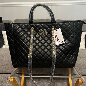 NWT GILDA PARIS Black Quilted Tote Bag with Gold Accents